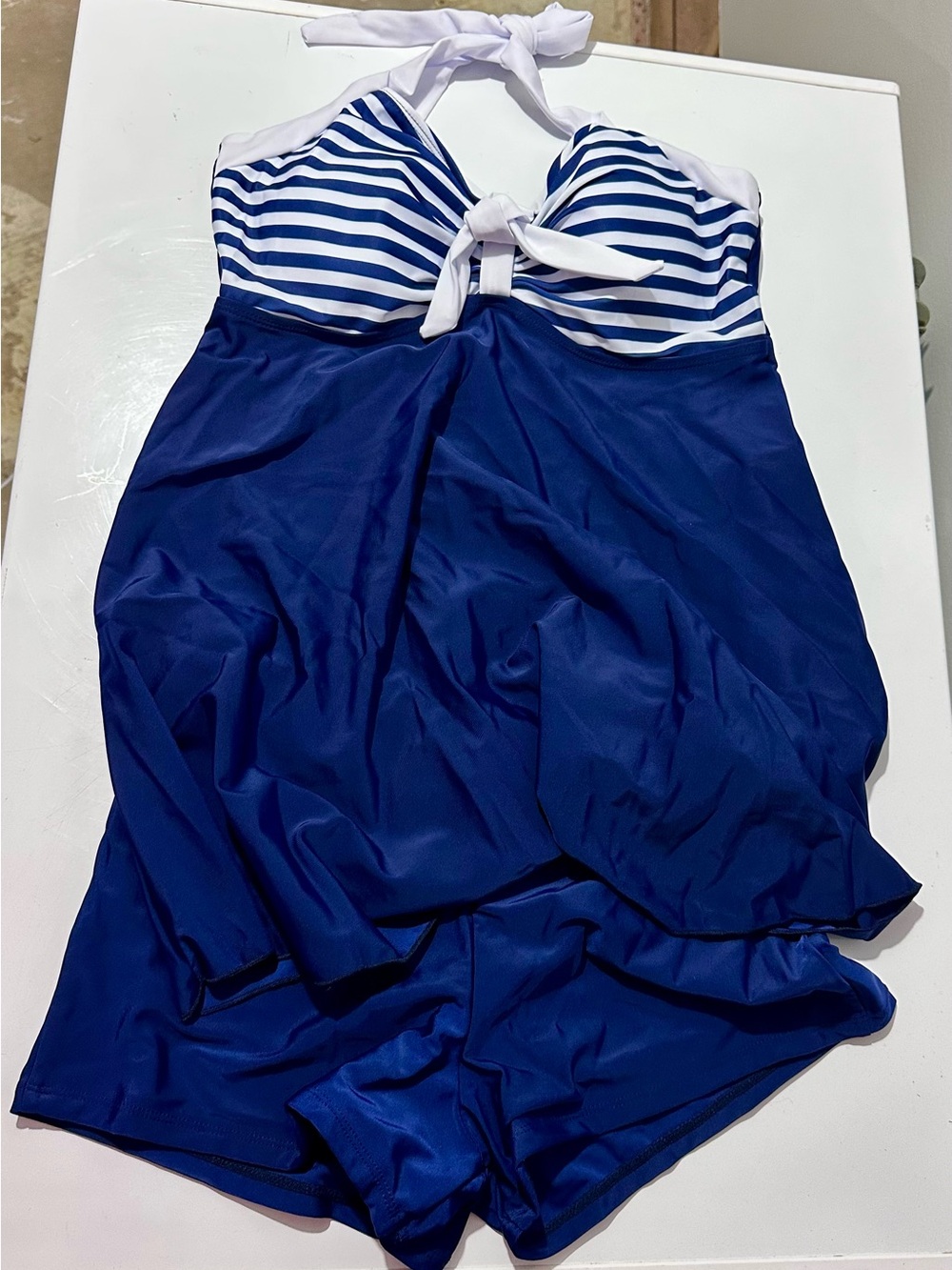 Navy & White Striped Halter Swimsuit with Bow Detail Size L (961)